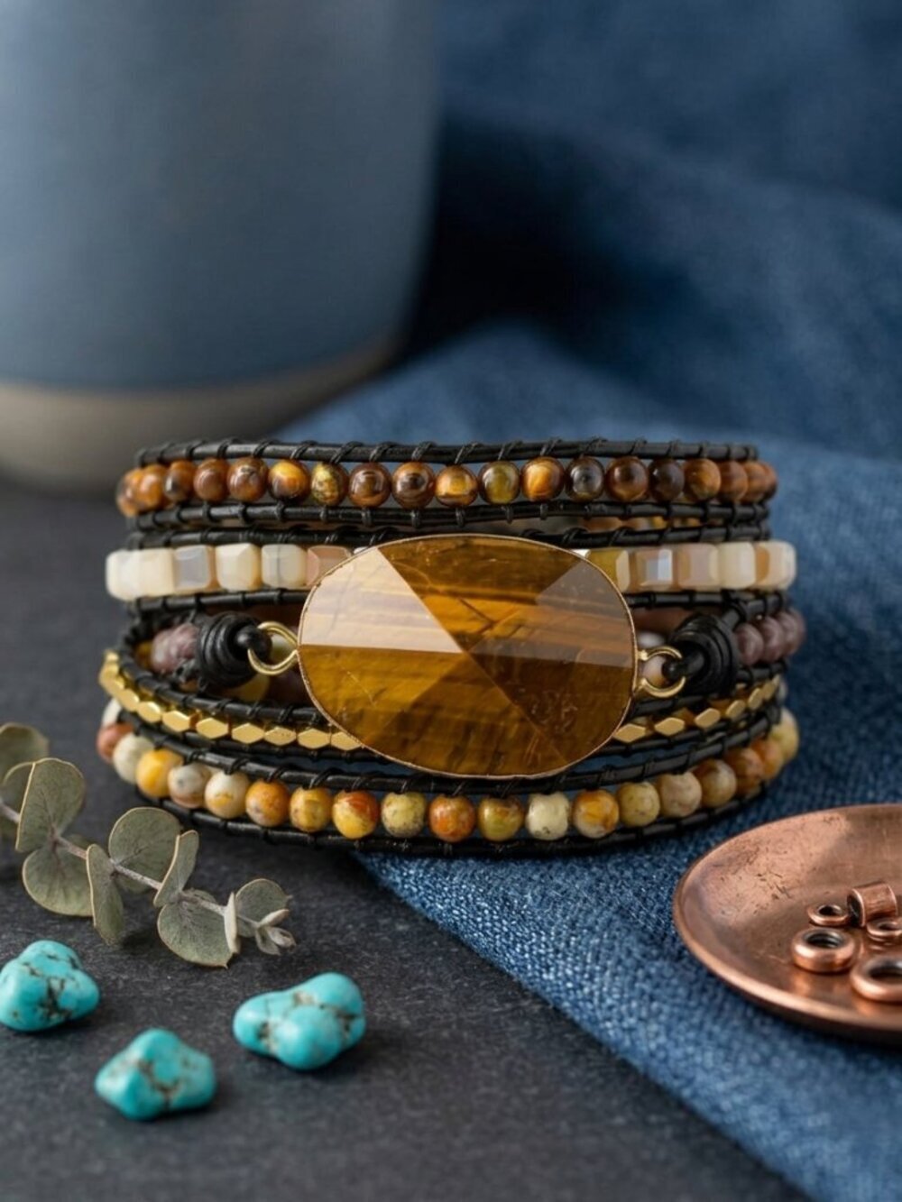 Tiger Eye 5 Wrap Bracelet Natural Stone Vegan Leather Boho Handmade Adjustable